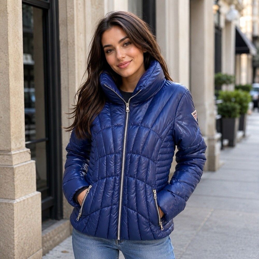Guess Navy Blue Puffer Quilted High Neck Full Zip Coat Jacket Women Size M